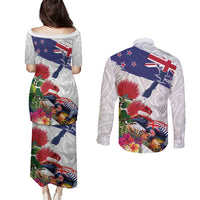 New Zealand Christmas Couples Matching Puletasi and Long Sleeve Button Shirt Meri Kirihimete-Tuatara and Pohutukawa White Color