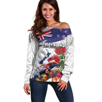 New Zealand Christmas Off Shoulder Sweater Meri Kirihimete-Tuatara and Pohutukawa White Color