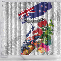 New Zealand Christmas Shower Curtain Meri Kirihimete-Tuatara and Pohutukawa White Color