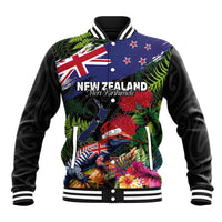 New Zealand Christmas Baseball Jacket Meri Kirihimete-Tuatara and Pohutukawa Black Color