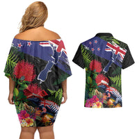 New Zealand Christmas Couples Matching Off Shoulder Short Dress and Hawaiian Shirt Meri Kirihimete-Tuatara and Pohutukawa Black Color LT03 - Polynesian Pride