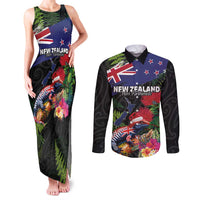New Zealand Christmas Couples Matching Tank Maxi Dress and Long Sleeve Button Shirt Meri Kirihimete-Tuatara and Pohutukawa Black Color