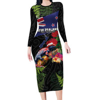 New Zealand Christmas Family Matching Long Sleeve Bodycon Dress and Hawaiian Shirt Meri Kirihimete-Tuatara and Pohutukawa Black Color