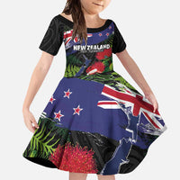 New Zealand Christmas Family Matching Short Sleeve Bodycon Dress and Hawaiian Shirt Meri Kirihimete-Tuatara and Pohutukawa Black Color