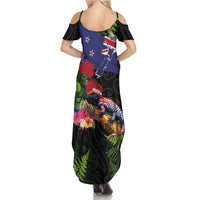 New Zealand Christmas Family Matching Summer Maxi Dress and Hawaiian Shirt Meri Kirihimete-Tuatara and Pohutukawa Black Color