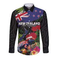 New Zealand Christmas Long Sleeve Button Shirt Meri Kirihimete-Tuatara and Pohutukawa Black Color