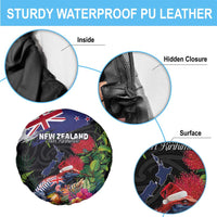 New Zealand Christmas Spare Tire Cover Meri Kirihimete-Tuatara and Pohutukawa Black Color