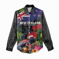 New Zealand Christmas Women Casual Shirt Meri Kirihimete-Tuatara and Pohutukawa Black Color