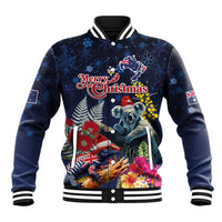 Australia and New Zealand Baseball Jacket Merry Christmas-Tuatara and Koala with Plants Xmas Style LT03 Unisex Navy - Polynesian Pride