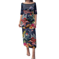 Australia and New Zealand Family Matching Puletasi and Hawaiian Shirt Merry Christmas-Tuatara and Koala with Plants Xmas Style LT03 Mom's Dress Navy - Polynesian Pride