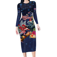 Australia and New Zealand Long Sleeve Bodycon Dress Merry Christmas-Tuatara and Koala with Plants Xmas Style