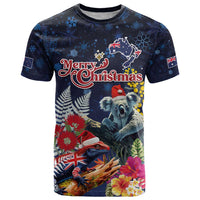 Australia and New Zealand T Shirt Merry Christmas-Tuatara and Koala with Plants Xmas Style LT03 Navy - Polynesian Pride