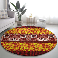 Samoa Siapo and Tapa Round Carpet Pacific Tribal Pattern with Hibiscus Striped Style