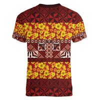 Samoa Siapo and Tapa Women V-Neck T-Shirt Pacific Tribal Pattern with Hibiscus Striped Style