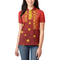 Samoa Tapa Pacific Tribal Pattern Women Polo Shirt Hibiscus and Plumeria