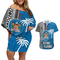 Fiji Rugby Couples Matching Off Shoulder Short Dress and Hawaiian Shirt Coat of Arms Palm Tree Mix Polynesia Tapa Pattern LT03 Blue - Polynesian Pride
