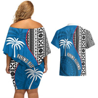 Fiji Rugby Couples Matching Off Shoulder Short Dress and Hawaiian Shirt Coat of Arms Palm Tree Mix Polynesia Tapa Pattern LT03 - Polynesian Pride