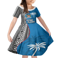 Fiji Rugby Kid Short Sleeve Dress Coat of Arms Palm Tree Mix Polynesia Tapa Pattern LT03 KID Blue - Polynesian Pride