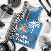 Fiji Rugby Men Tank Top Coat of Arms Palm Tree Mix Polynesia Tapa Pattern LT03 Blue - Polynesian Pride