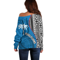 Fiji Rugby Off Shoulder Sweater Coat of Arms Palm Tree Mix Polynesia Tapa Pattern LT03 - Polynesian Pride