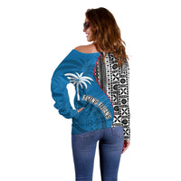Fiji Rugby Off Shoulder Sweater Coat of Arms Palm Tree Mix Polynesia Tapa Pattern LT03 - Polynesian Pride