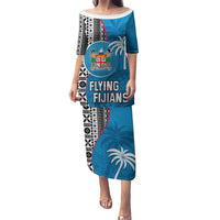 Fiji Rugby Puletasi Coat of Arms Palm Tree Mix Polynesia Tapa Pattern LT03 Long Dress Blue - Polynesian Pride