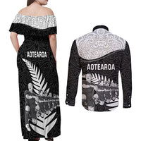 New Zealand World Cup 2023 Couples Matching Off Shoulder Maxi Dress and Long Sleeve Button Shirt Aotearoa Haka Rugby with Silver Fern Maori Ethnic Pattern LT03 - Polynesian Pride