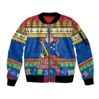 Solomon Islands Christmas Sleeve Zip Bomber Jacket Santa With Flag Of Solomon Polynesian Tribal Xmas Vibe LT03 Unisex Blue - Polynesian Pride