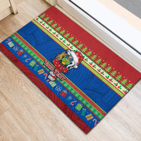 Personalised Solomon Islands Christmas Rubber Doormat Santa With Flag Of Solomon Polynesian Tribal Xmas Vibe LT03 - Polynesian Pride