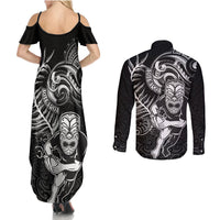 New Zealand Rugby Couples Matching Summer Maxi Dress and Long Sleeve Button Shirt Maori Warrior Rugby with Silver Fern Sleeve Tribal Ethnic Style LT03 - Polynesian Pride