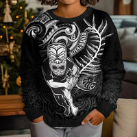 New Zealand Rugby Kid Ugly Christmas Sweater Maori Warrior Rugby with Silver Fern Sleeve Tribal Ethnic Style LT03 - Polynesian Pride