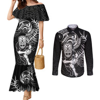 Personalised New Zealand Rugby Couples Matching Mermaid Dress and Long Sleeve Button Shirt Maori Warrior Rugby with Silver Fern Sleeve Tribal Ethnic Style LT03 Black - Polynesian Pride