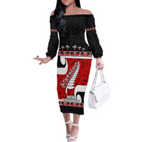Personalized New Zealand Christmas Family Matching Off Shoulder Long Sleeve Dress and Hawaiian Shirt Santa Haka Fern and Kiwi Bird Tino Rangatiratanga Maori Flag Style LT03 Mom's Dress Black - Polynesian Pride