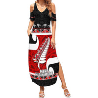 Personalized New Zealand Christmas Family Matching Summer Maxi Dress and Hawaiian Shirt Santa Haka Fern and Kiwi Bird Tino Rangatiratanga Maori Flag Style LT03 Mom's Dress Black - Polynesian Pride