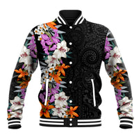 Hawaii Tropical Leaves and Flowers Baseball Jacket Tribal Polynesian Pattern LT03 Unisex Black - Polynesian Pride