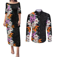Hawaii Tropical Leaves and Flowers Couples Matching Puletasi and Long Sleeve Button Shirt Tribal Polynesian Pattern LT03 Black - Polynesian Pride