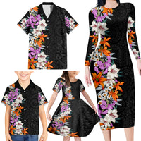 Hawaii Tropical Leaves and Flowers Family Matching Long Sleeve Bodycon Dress and Hawaiian Shirt Tribal Polynesian Pattern LT03 - Polynesian Pride