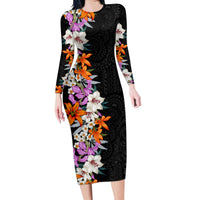 Hawaii Tropical Leaves and Flowers Family Matching Long Sleeve Bodycon Dress and Hawaiian Shirt Tribal Polynesian Pattern LT03 Mom's Dress Black - Polynesian Pride