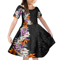 Hawaii Tropical Leaves and Flowers Kid Short Sleeve Dress Tribal Polynesian Pattern LT03 KID Black - Polynesian Pride