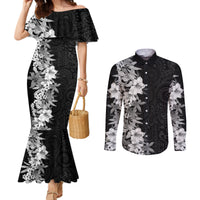 Hawaii Tropical Leaves and Flowers Couples Matching Mermaid Dress and Long Sleeve Button Shirt Tribal Polynesian Pattern Black White Style LT03 Black - Polynesian Pride