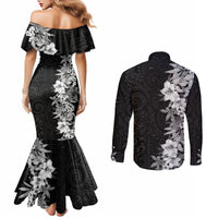Hawaii Tropical Leaves and Flowers Couples Matching Mermaid Dress and Long Sleeve Button Shirt Tribal Polynesian Pattern Black White Style LT03 - Polynesian Pride