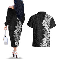 Hawaii Tropical Leaves and Flowers Couples Matching Off The Shoulder Long Sleeve Dress and Hawaiian Shirt Tribal Polynesian Pattern Black White Style LT03 - Polynesian Pride