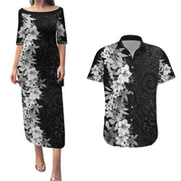 Hawaii Tropical Leaves and Flowers Couples Matching Puletasi and Hawaiian Shirt Tribal Polynesian Pattern Black White Style LT03 Black - Polynesian Pride