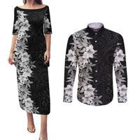 Hawaii Tropical Leaves and Flowers Couples Matching Puletasi and Long Sleeve Button Shirt Tribal Polynesian Pattern Black White Style LT03 Black - Polynesian Pride