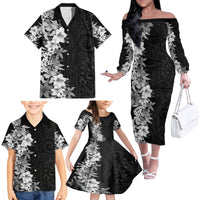 Hawaii Tropical Leaves and Flowers Family Matching Off Shoulder Long Sleeve Dress and Hawaiian Shirt Tribal Polynesian Pattern Black White Style LT03 - Polynesian Pride
