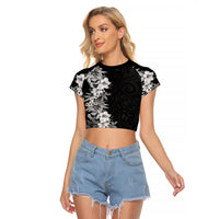 Hawaii Tropical Leaves and Flowers Raglan Cropped T Shirt Tribal Polynesian Pattern Black White Style LT03 Female Black - Polynesian Pride