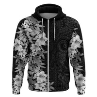 Hawaii Tropical Leaves and Flowers Zip Hoodie Tribal Polynesian Pattern Black White Style LT03 Zip Hoodie Black - Polynesian Pride
