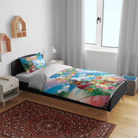 Hawaii Cocktails Bedding Set Parrot with Cute Beach Landscape and Tropical Plants