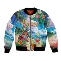 Hawaii Cocktails Bomber Jacket Parrot with Cute Beach Landscape and Tropical Plants