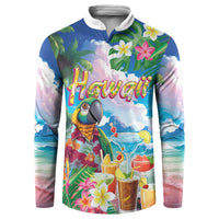 Hawaii Cocktails Button Sweatshirt Parrot with Cute Beach Landscape and Tropical Plants